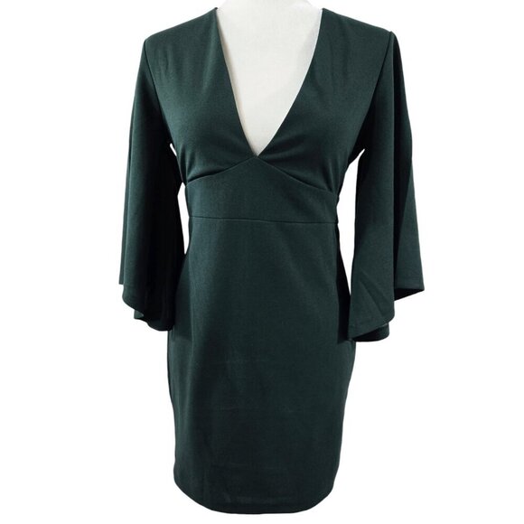 Lulu's Glimpse of Glamour Forest Green Bell Sleeve Bodycon Dress Flirty Party - Picture 1 of 9